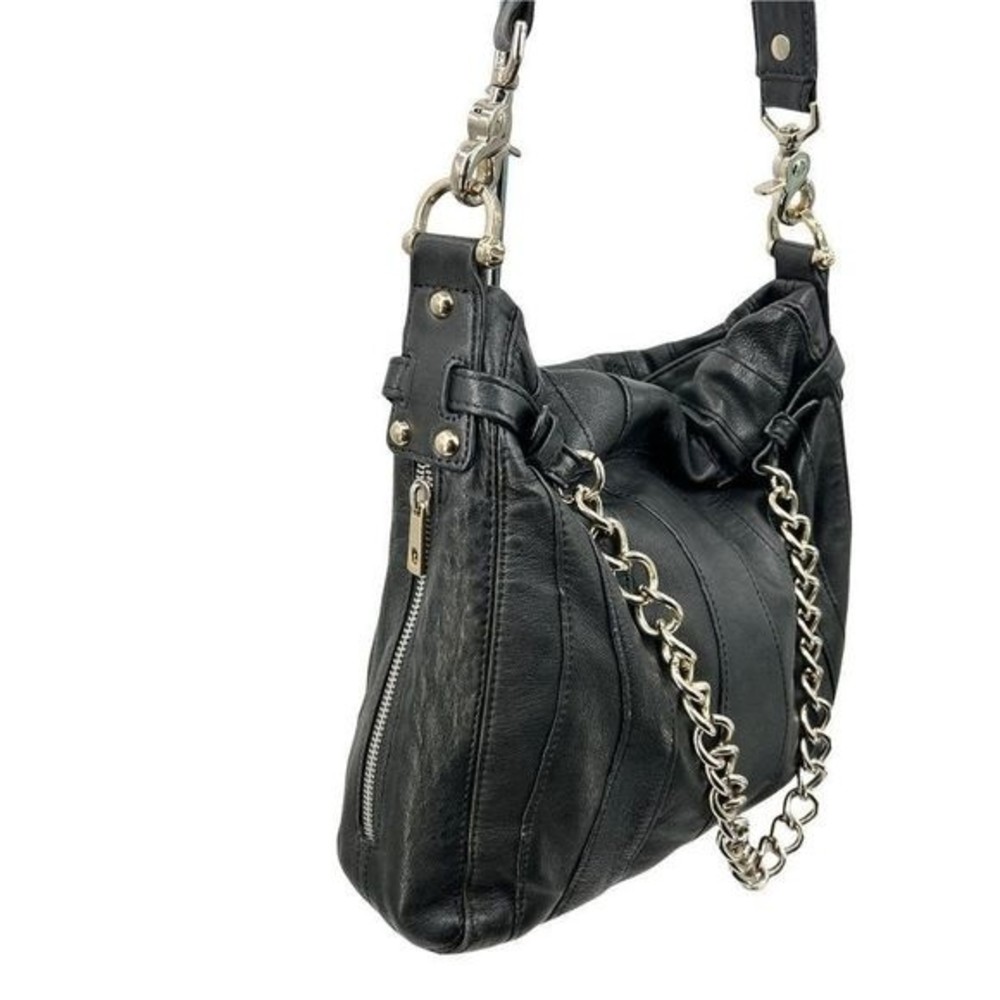 Junior Drake Black Italian Leather Gold Link Chain Slouchy Hobo Shoulder Bag - Picture 3 of 10